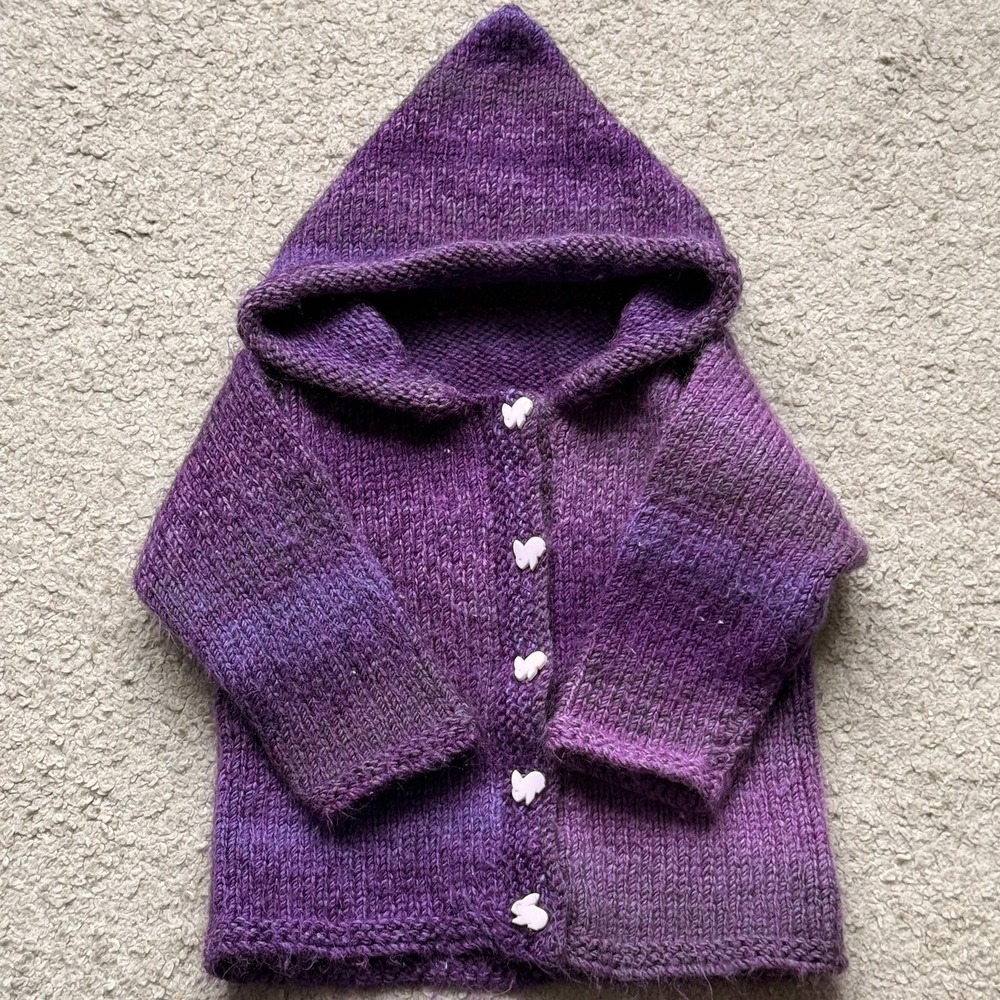 Handmade Purple Ombre Knit Hooded Cardigan Bunny Buttons Gnome Hood Baby Toddler